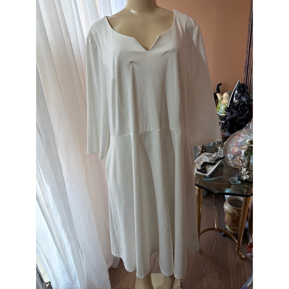 Runwind White Notched V-Neck Fit and Flare Midi Dress 3XL Three-Quarter Sleeve